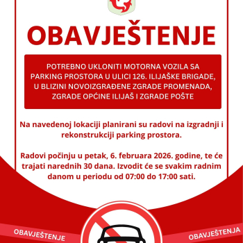 Obavještenje: Uklanjanje motornih vozila sa parking prostora u blizini zgrade Općine